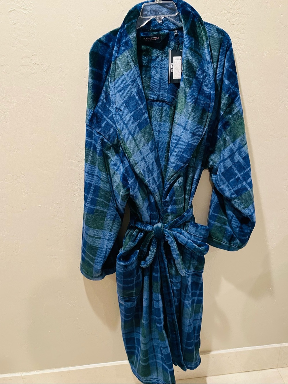 NWT Roundtree & Yorke Plaid Blue Green Wrap Robe - Big & Tall Man Size 3XL - 4XL